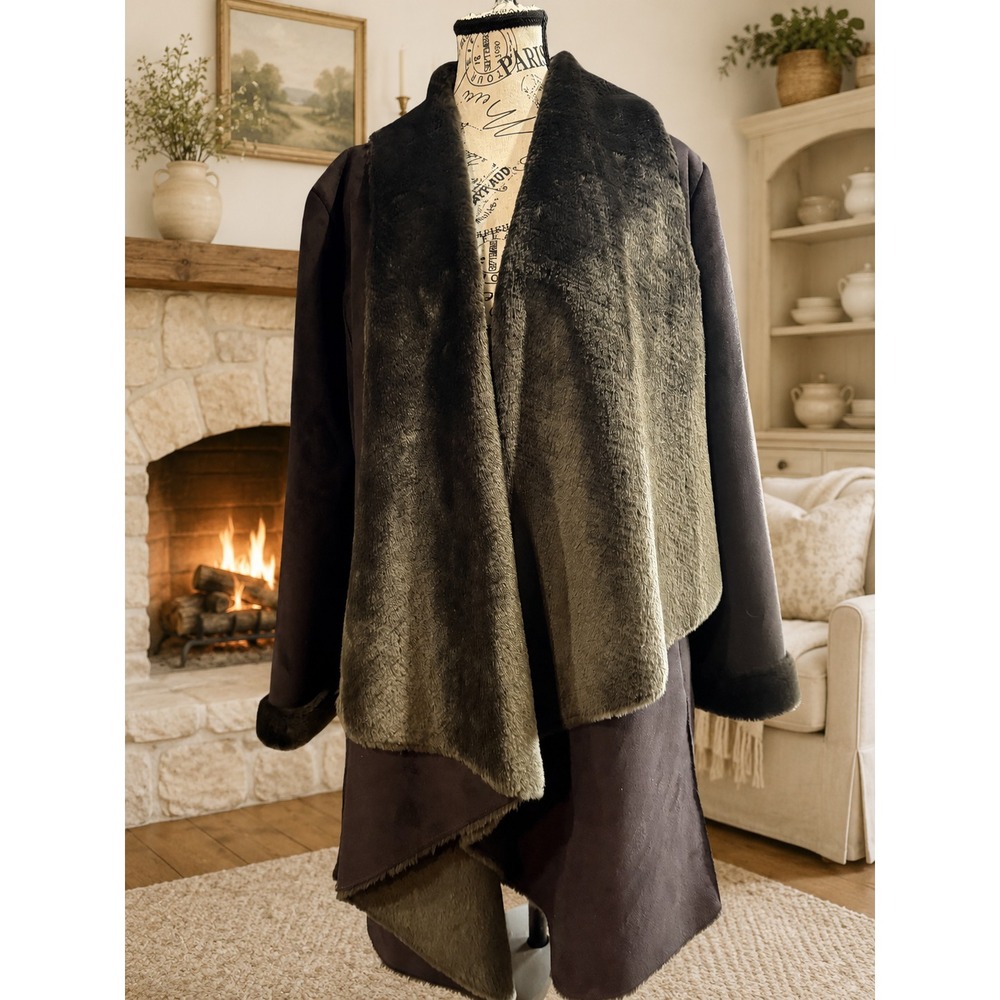 Calvin Klein Faux Suede Shearling Faux Fur Draped Waterfall Jacket Size Large